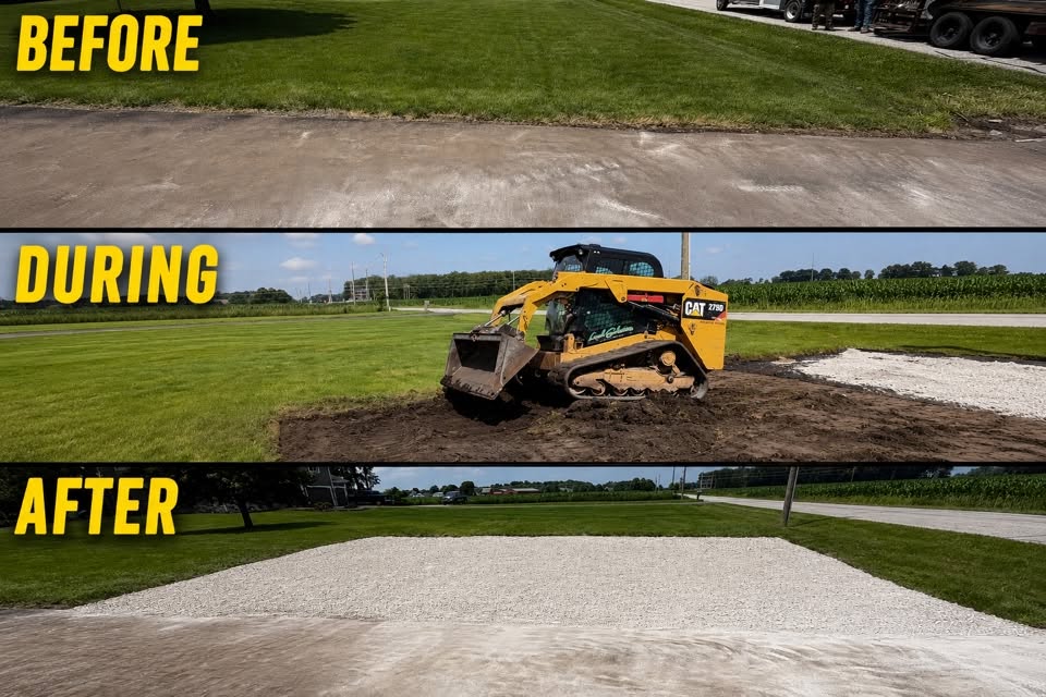 Before, during, and after installation of a stone driveway